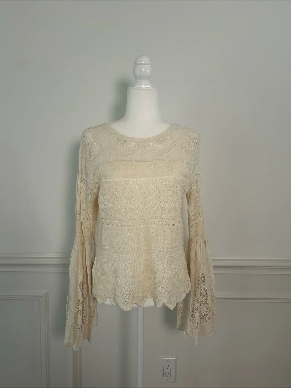 Free People Cream Crochet Lace Bell-Sleeve Top